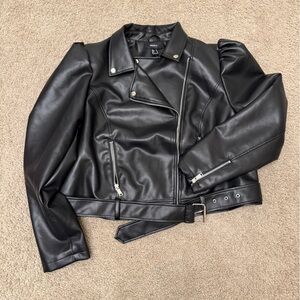Belted puff sleeve pleather moto jacket